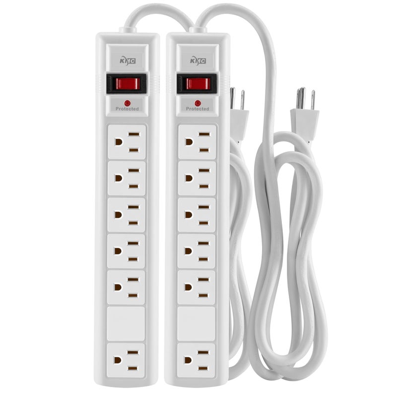 KMC 6-Outlet Surge Protector Power Strip, 2-Pack, 1200 Joules, 6ft Cord, Adapter Spaced Outlet, Overload Protection, White - Image 1